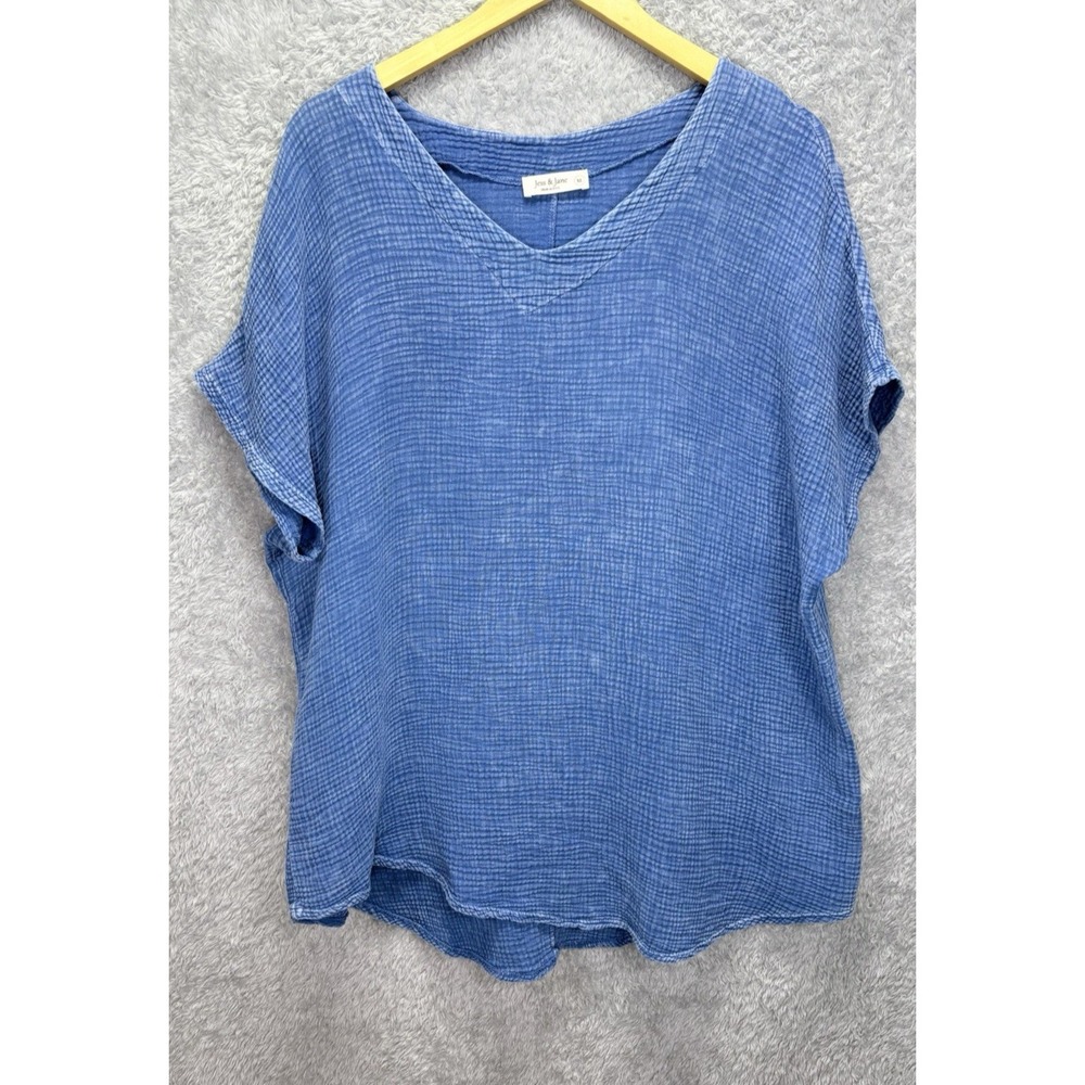 Jess & Jane Womens XL Blue Crinkle Gauze Top 100% Cotton Boxy Boho V Neck USA